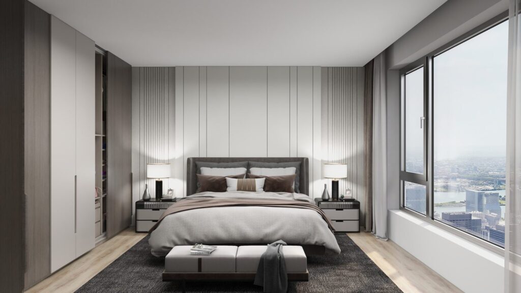 Camera da letto con finestre in alluminio a profilo sottile