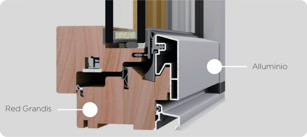 Sezione serramento in legno-alluminio uni_verso: interno Red Grandis, esterno alluminio