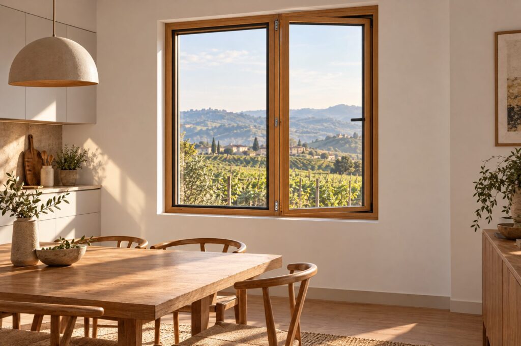 Cucina con finestra in legno a due ante e vista sulle colline