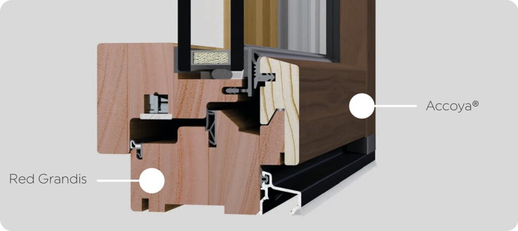 Sezione serramento in legno-legno uni_verso: interno Red Grandis, esterno Accoya