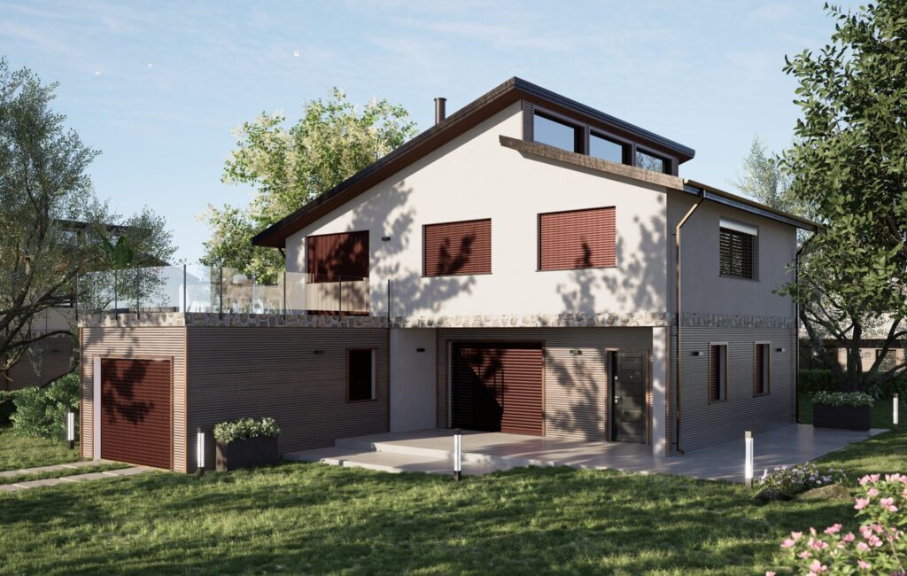 Villa con tapparelle in alluminio semichiuse